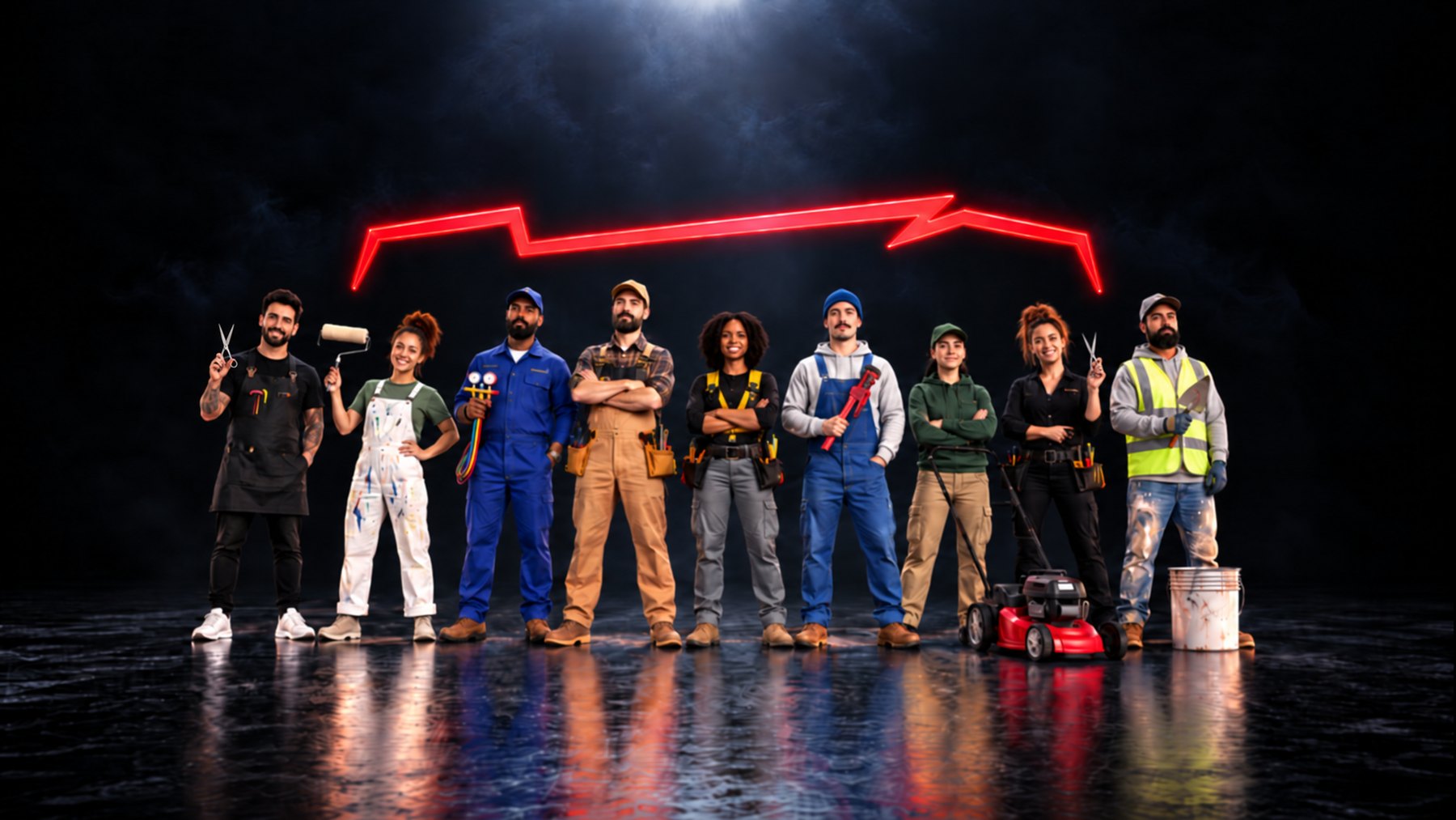 A line of tradespeople — barber, painter, HVAC technician,
carpenter, electrician, plumber, landscaper, stylist and
mason — standing together under a red territory outline